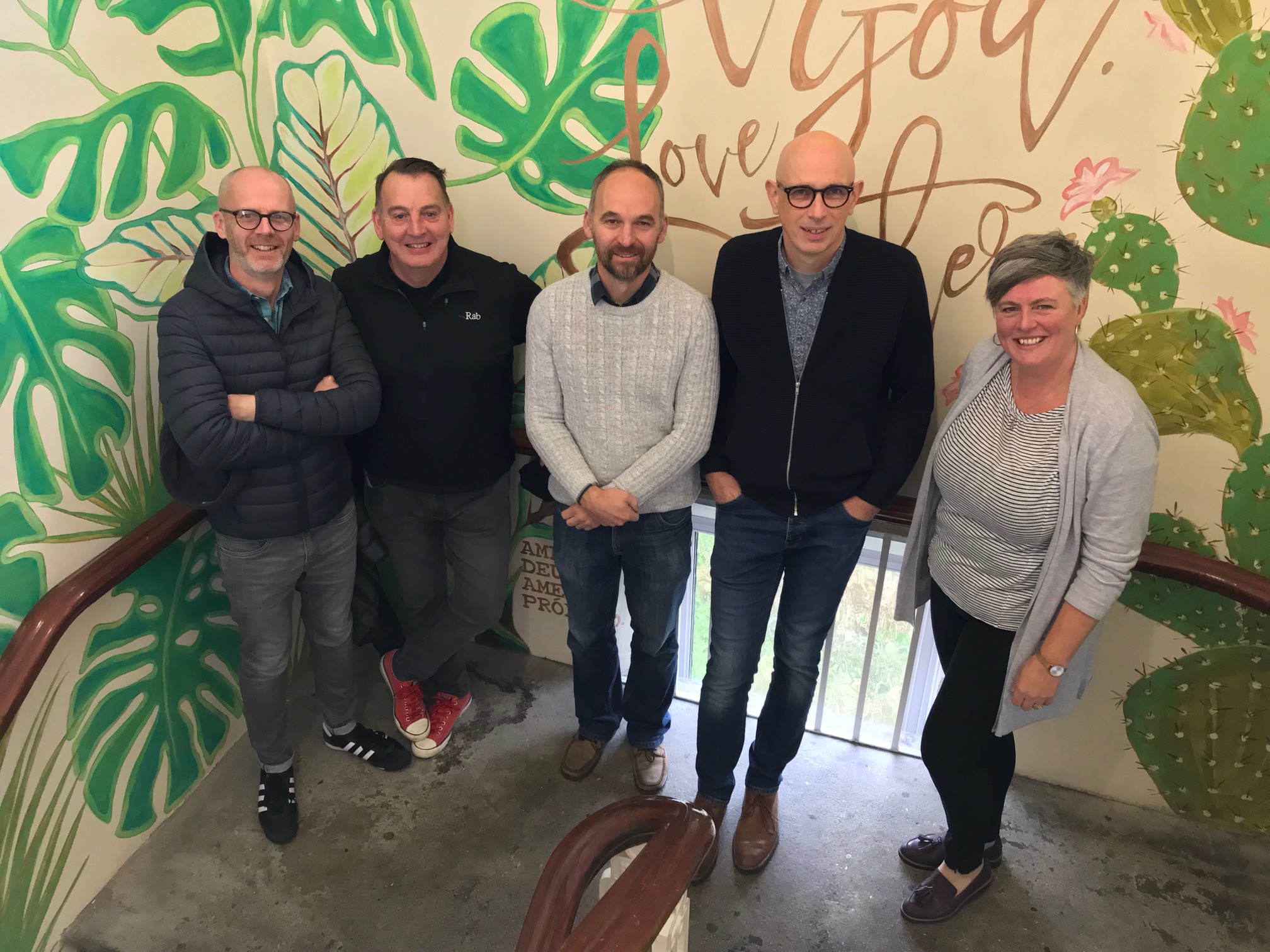 Left to right: Damian Wharton, Alan Ruddock, Anthony Johnston, Stephen McCrory and Joan Vaughan